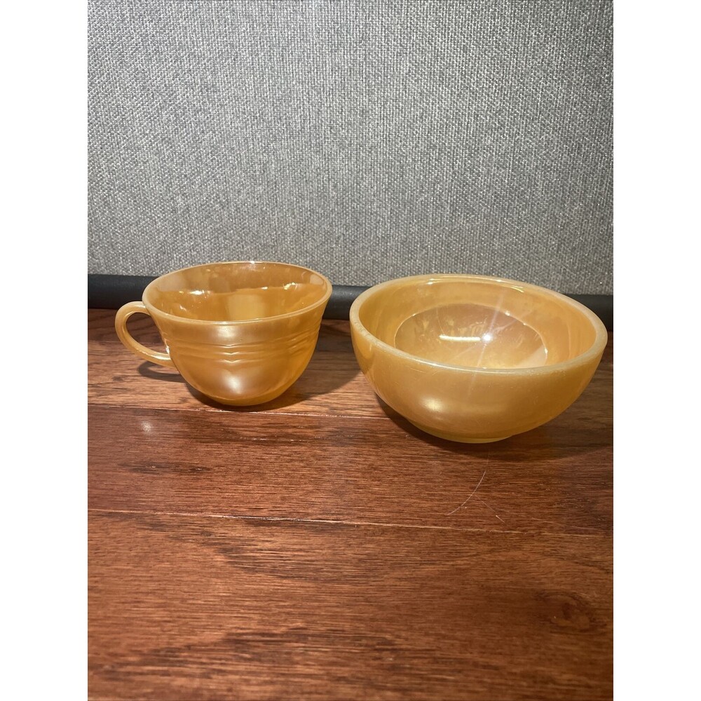 Vintage Fire King Anchor Hocking Peach Luster Cup and 5 Inch Bowl